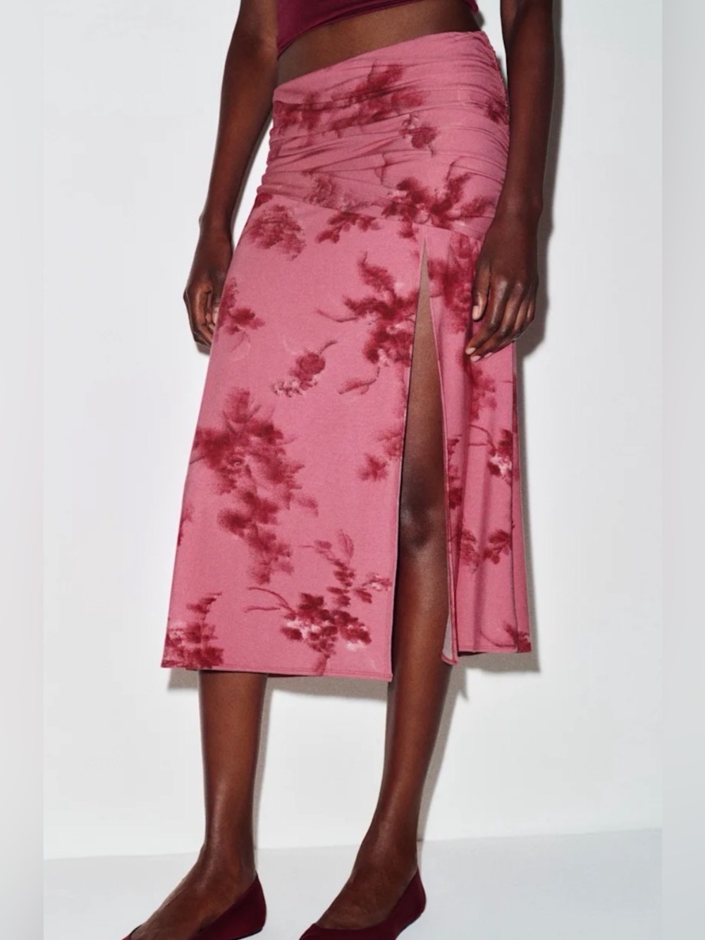 Reformation Rose Pink Floral Midi Skirt with Side Slit